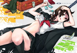  :p black_socks breasts brown_eyes brown_hair commentary_request female glasses isone_kotoha kneehighs long_hair looking_at_viewer luggage lying medium_breasts midriff mille_(dieci) navel no_bra no_panties on_back passport pleated_skirt school_uniform serafuku skirt socks solo suitcase tongue tongue_out twintails underboob yozakura_quartet 