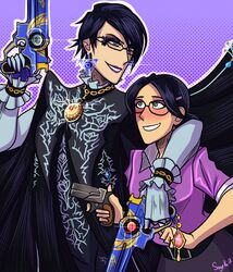  bayonetta bayonetta_(character) bayonetta_2 black_bodysuit black_hair blush crossover earrings elbow_gloves glasses gun lipstick makeup miss_pauling mole team_fortress_2 