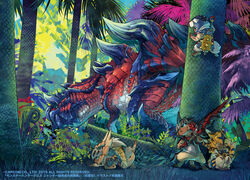  all_fours armor arzuros_(armor) between_legs blue_eyes clenched_teeth climbing climbing_tree closed_eyes commentary_request copyright_notice dragon feline felyne forest from_side fuse_ryuuta glavenus hands_on_own_face hiding holding holding_sword holding_weapon jaw monster monster_hunter_(series) monster_hunter_x nature no_humans outdoors photoshop_(medium) rathalos_(armor) spikes sweat sword tail tail_between_legs teeth tigrex_(armor) tree tyrannosaurus_rex weapon wyvern zinogre_(armor) 