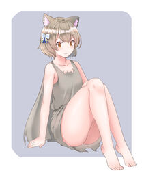  1boy :3 animal_ears arched_soles arm_support ass bare_arms bare_legs bare_shoulders barefoot blue_ribbon blush bob_cut border bow brown_dress brown_hair cape cat_ears closed_mouth collarbone commentary dot_nose dress eyelashes feet felix_argyle full_body hair_between_eyes hair_ribbon hairbow half-closed_eyes hand_on_own_leg highres knees_together_feet_apart knees_up light_smile looking_at_viewer male_focus momose_oden orange_eyes otoko_no_ko outside_border parted_bangs raised_eyebrows re:zero_kara_hajimeru_isekai_seikatsu ribbon shiny_skin short_dress short_eyebrows short_hair silver_background simple_background sleeveless sleeveless_dress solo striped striped_ribbon thick_eyebrows thighs toes torn_clothes torn_dress white_border white_bow 