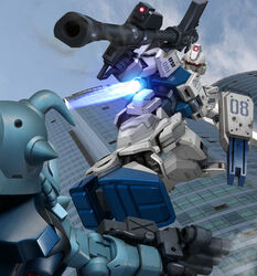  battle ez-8_gundam gouf_custom gundam gundam_08th_ms_team hiropon_(tasogare_no_puu) mecha shield tagme weapon 