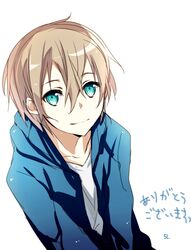  1boy blonde_hair blue_eyes commentary_request eugeo hood hoodie jacket jianmo_sl short_hair smile sword_art_online 