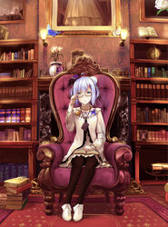  adjusting_eyewear ahoge armchair bandages blue_eyes book book_on_lap book_stack bookshelf brown_pantyhose chair collarbone commentary_request compass dress expressionless female fireplace flower flower_ornament full_body glasses globe hair_bun hat highres kyaro_(kyaro54) layered_dress light_purple_hair long_sleeves looking_at_viewer mantle_clock notebook open_book original painting_(object) pantyhose parted_lips pen photoshop_(medium) picture_frame rug sconce semi-rimless_eyewear short_hair single_hair_bun sitting slippers solo top_hat under-rim_eyewear vase 