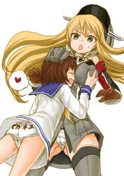  2girls :o between_breasts bismarck_(kancolle) bismarck_kai_(kancolle) blonde_hair bow bow_panties breasts brown_hair character_name clothes_writing commentary_request dress face_between_breasts female_pervert gloves grabbing grabbing_another&#039;s_breast grey_eyes head_between_breasts heart kantai_collection kutouten large_breasts long_hair multiple_girls panties pantyshot pervert sailor_dress short_hair spoken_heart sweatdrop translation_request underwear white_background white_panties yukikaze_(kancolle) yuri 