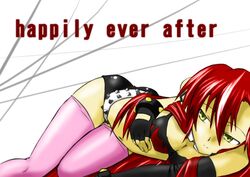  ass asymmetrical_gloves bad_id bad_pixiv_id belt bikini bikini_top_only breasts cleavage commentary_request enoki-kou female fingerless_gloves flame_print gloves hair_down long_hair pink_thighhighs red_hair short_shorts shorts solo swimsuit tengen_toppa_gurren_lagann thighhighs uneven_gloves yellow_eyes yoko_littner 