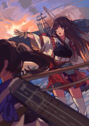  2girls :d akagi_(kancolle) bad_id bad_pixiv_id black_hair brown_eyes brown_gloves day floating_hair gloves japanese_clothes kaga_(kancolle) kantai_collection kimono lanlanlu_(809930257) long_hair multiple_girls open_mouth outdoors outstretched_arm pleated_skirt red_skirt rigging side_ponytail skirt sky smile standing thighhighs very_long_hair white_kimono white_legwear 