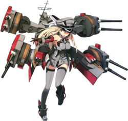  bismarck_(kancolle) bismarck_kai_(kancolle) blonde_hair boots breasts brown_gloves cannon detached_sleeves duplicate female full_body gloves grey_eyes grey_footwear grey_thighhighs hat kantai_collection large_breasts long_hair mecha_musume official_art open_mouth peaked_cap pixel-perfect_duplicate shimada_fumikane solo standing thighhighs transparent_background 