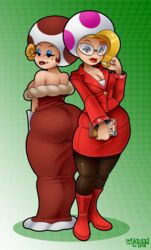  2018 ass big_butt boots breasts cleavage clothed clothing curvy_figure digital_media_(artwork) dress duo eyelashes eyewear female footwear hair hi_res humanoid imadeej jolene_(paper_mario) legwear looking_at_viewer mario_bros nintendo not_furry paper_mario pinup pose secretary simple_background smile standing stockings suit teasing thick_thighs toad_(mario) toodles voluptuous wide_hips 