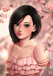  amputee black_eyes black_hair blurry blurry_background blush cherry_blossoms collarbone commentary commission dress english_commentary enmoire female frills highres lips looking_at_viewer original pink_dress red_ribbon ribbon short_hair signature smile solo swept_bangs 