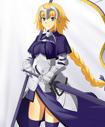  armor armored_dress banner blonde_hair blue_dress blue_ribbon blue_thighhighs braid chains commentary_request cowboy_shot dress fate/apocrypha fate/grand_order fate_(series) female floating_hair gauntlets grey_eyes hair_ribbon highres holding holding_sheath holding_weapon jack-barro jeanne_d&#039;arc_(fate) jeanne_d&#039;arc_(ruler)_(fate) long_hair looking_at_viewer ribbon sheath single_braid smile solo standing thighhighs very_long_hair weapon 