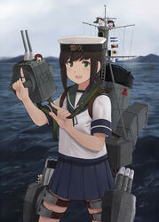  12.7cm_twin_gun_mount 5girls 61cm_triple_torpedo_mount commentary_request fairy_(kancolle) fubuki_(kancolle) fuyube_gin_(huyube) green_eyes kantai_collection machinery multiple_girls official_style open_mouth pork_pie_sailor_hat school_uniform serafuku shibafu_(glock23)_(style) short_hair short_ponytail skilled_lookouts_(kancolle) solo_focus z_flag 