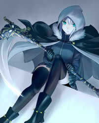  add_(fate) aqua_eyes black_cape black_footwear black_gloves black_thighhighs blunt_bangs boots cape commentary_request dutch_angle fate/grand_order fate_(series) female fur_trim gloves gray_(fate) grey_background hair_between_eyes highres holding holding_weapon hood jack-barro long_hair looking_at_viewer lord_el-melloi_ii_case_files miniskirt parted_lips pleated_skirt scythe simple_background sitting skirt solo thighhighs weapon zettai_ryouiki zipper 