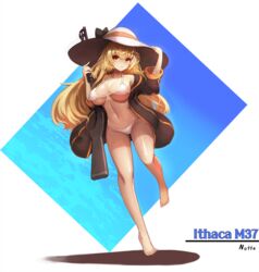  artist_name bare_legs barefoot bikini black_jacket blonde_hair bow breasts character_name cleavage commentary_request female full_body girls&#039;_frontline gun halterneck hat hat_bow jacket large_breasts long_hair looking_at_viewer m37_(girls&#039;_frontline) m37_(summer_parader)_(girls&#039;_frontline) navel notte official_alternate_costume orange_eyes shotgun solo stomach string_bikini sun_hat swimsuit underboob weapon white_bikini white_hat 