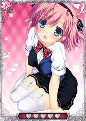  black_ribbon blue_eyes card_(medium) female garter_straps grisaia_(series) grisaia_no_kajitsu hair_ribbon kneeling komine_sachi looking_at_viewer open_mouth pink_hair ribbon short_hair solo thighhighs white_thighhighs 