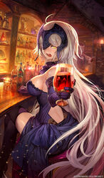  1boy ahoge alcohol bar_(place) bar_stool blue_dress blush bottle breasts commentary_request cup dress drinking_glass elbow_gloves fate/grand_order fate_(series) female from_side gilles_de_rais_(caster)_(fate) gilles_de_rais_(caster)_(holy_night_supper)_(fate) gloves gold_trim grey_hair half-closed_eyes hand_up headpiece highres holding holding_cup indoors jeanne_d&#039;arc_alter_(fate) jeanne_d&#039;arc_alter_(holy_night_supper)_(fate) lack large_breasts long_hair looking_at_viewer official_alternate_costume official_art open_mouth photoshop_(medium) purple_gloves purple_legwear sideboob sitting solo_focus stool teeth thighhighs very_long_hair watermark wine wine_bottle wine_glass yellow_eyes 