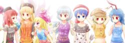  6+girls :3 adapted_costume alternate_costume animal_ears blonde_hair blue_eyes blue_hair blush blush_stickers cabbie_hat chains clothes_writing clownpiece commentary_request contemporary dango disney doremy_sweet earth_(ornament) english_text flat_cap floppy_ears food fox_tail grey_hair hat hecatia_lapislazuli highres jester_cap junko_(touhou) kishin_sagume legacy_of_lunatic_kingdom long_hair long_sleeves looking_at_another looking_at_viewer mickey_mouse midriff moon_(ornament) morioka_itari multiple_girls multiple_tails navel nightcap off_shoulder open_mouth orange_eyes orange_shirt profile purple_eyes rabbit_ears red_eyes red_hair ringo_(touhou) seiran_(touhou) shirt short_hair short_sleeves simple_background single_wing skewer sleeveless smile sweatdrop t-shirt tail tapir_tail touhou upper_body wagashi white_background wings 