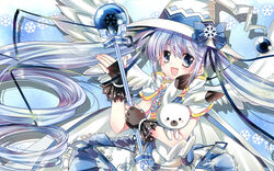  blue_eyes blue_hair cape commentary_request female fingerless_gloves gloves hat hatsune_miku highres long_hair oerba_yun_fang open_mouth photoshop_(medium) rabbit rabbit_yukine rimune snowflakes suki!_yuki!_maji_magic_(vocaloid) twintails very_long_hair vocaloid wand wings witch_hat yuki_miku yuki_miku_(2014) 