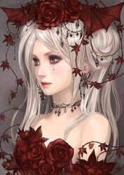  bat_wings blood blood_from_eyes commentary_request earrings female flower grey_eyes hair_bun hair_flower hair_ornament jewelry kageco long_hair looking_away necklace original photoshop_(medium) plant red_lips rose single_hair_bun solo upper_body vines white_hair wings 