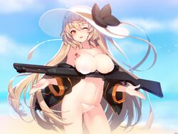  beach bikini black_bow black_jacket blonde_hair bow breasts character_name cleavage commentary cowboy_shot day female girls&#039;_frontline gun halterneck hat hat_bow highres holding holding_weapon jacket large_breasts long_hair looking_at_viewer m37_(girls&#039;_frontline) m37_(summer_parader)_(girls&#039;_frontline) navel official_alternate_costume one_eye_closed outdoors red_eyes rheez shotgun smile solo sparkle standing sun_hat sunlight swimsuit tattoo tongue tongue_out very_long_hair weapon white_bikini white_hat 