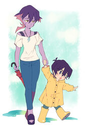  1boy aged_down black_hair boots closed_umbrella colored_sclera colored_skin commentary_request facial_mark female grey_eyes holding_hands jewelry keith_(voltron) krolia lolicon miyata_(lhr) mother_and_son necklace pants pointy_ears puddle purple_eyes purple_hair purple_skin raincoat rubber_boots sandals smile spoilers umbrella voltron:_legendary_defender voltron_(series) walking yellow_raincoat yellow_sclera 