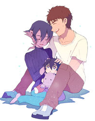  2boys aged_down black_hair brown_hair closed_eyes colored_skin commentary_request facial_mark family female grey_eyes hand_on_another&#039;s_head keith&#039;s_father_(voltron) keith_(voltron) krolia lolicon miyata_(lhr) multiple_boys open_mouth pointy_ears purple_hair purple_skin ribbed_sweater sitting smile spoilers stuffed_animal stuffed_hippopotamus stuffed_toy sweater turtleneck turtleneck_sweater voltron:_legendary_defender voltron_(series) 