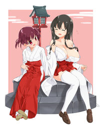  2girls black_hair blush breasts brown_hair cleavage closed_eyes collarbone commentary_request cosplay costume_switch eyebrows flying_sweatdrops full_body hair_between_eyes hakama hakama_short_skirt hakama_skirt highres huge_breasts iwato_kasumi japanese_clothes lantern long_hair miko multiple_girls numenume_(powa-ogutyogutyo) off_shoulder open_mouth red_eyes red_hakama saki_(manga) sandals short_hair short_twintails sitting skirt thighhighs twintails usuzumi_hatsumi white_legwear wide_sleeves zouri 