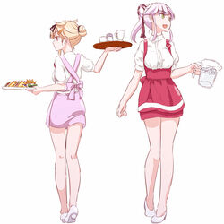  2girls alternate_costume anna_miller apron blonde_hair colored_eyelashes commentary_request contemporary food french_fries from_behind full_body green_eyes hair_between_eyes hair_bun hair_flaps hair_ornament hair_ribbon hair_up hairclip heart high_heels ice ice_cube kantai_collection legs looking_to_the_side mikeco miniskirt multiple_girls name_tag open_mouth pencil_skirt pink_hair pink_skirt pitcher_(container) puffy_short_sleeves puffy_sleeves red_eyes red_skirt ribbon sandwich shirt shoes short_sleeves simple_background single_hair_bun skirt smile tray underbust waist_apron waitress water white_background white_footwear white_shirt yura_(kancolle) yuudachi_(kancolle) yuudachi_kai_ni_(kancolle) 