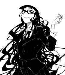  bad_id bad_pixiv_id buchou_(houkago_play) commentary_request enoki-kou female glasses greyscale houkago_play houkago_play_3 long_hair messy_hair monochrome necktie smile solo very_long_hair 