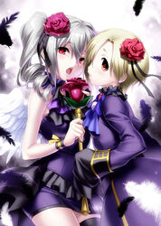  2girls angel_wings blonde_hair commentary_request drill_hair flower grey_hair hair_flower hair_ornament hair_over_one_eye highres idolmaster idolmaster_cinderella_girls kanzaki_ranko long_hair looking_at_viewer multiple_girls open_mouth photoshop_(medium) red_eyes rosenburg_alptraum_(idolmaster) rosenburg_engel_(idolmaster) shirasaka_koume sleeves_past_fingers sleeves_past_wrists twin_drills twintails wings zen_(kamuro) 