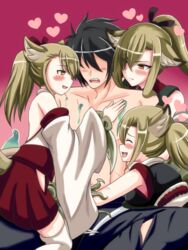  1boy 3girls :d animal_ears bad_id bad_pixiv_id black_hair blush commentary_request detached_sleeves faceless faceless_male girl_sandwich green_hair hair_between_eyes hair_ribbon heart hug japanese_clothes kamaitachi_(monster_girl_encyclopedia) long_hair monster_girl_encyclopedia multiple_girls murayama_nakoto open_mouth ponytail ribbon sandwiched smile twintails yellow_eyes 