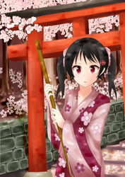  absurdres cherry_blossoms commentary_request female flower fushimi_inari hair_flower hair_ornament highres inari_konkon_koi_iroha. japanese_clothes kimono nikitan_(niki) red_eyes solo torii twintails 