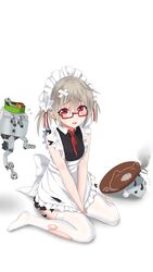  apron bandages blush commentary_request covering_crotch covering_privates female frills glasses grey_hair hibiki_(warship_girls_r) highres looking_at_viewer maid maid_apron maid_headdress md5_mismatch necktie on_floor open_mouth red-framed_eyewear red_eyes sasya semi-rimless_eyewear short_hair sitting solo sweatdrop thighhighs torn_clothes torn_thighhighs two_side_up under-rim_eyewear v_arms verniy_(warship_girls_r) wariza warship_girls_r white_thighhighs wrench 