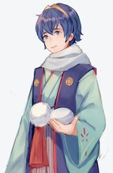  banned_artist blue_eyes blue_hair cosplay fire_emblem fire_emblem:_monshou_no_nazo fire_emblem_if food hakama japanese_clothes llicornia looking_at_viewer male_focus marth short_hair solo takumi_(fire_emblem_if) tiara 