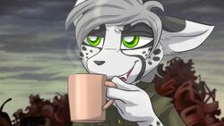  a_story_with_a_known_end anthro bust_portrait cheetah clothed clothing container cup digital_media_(artwork) drinking fangs felid feline front_view fully_clothed fur green_eyes hair holding_container holding_cup holding_object hot_drink male mammal meme outside portrait ripli sint_(hfd4) smile solo spots teeth vampire 