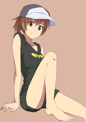  arm_support barefoot baseball_cap black_shirt bra_strap brown_background brown_eyes brown_hair casual collarbone commentary_request female grey_hat hair_between_eyes hat heart heart_print jack-barro looking_at_viewer misaka_mikoto ponytail shirt short_hair short_shorts shorts simple_background sitting sleeveless sleeveless_shirt smile solo toaru_kagaku_no_railgun toaru_kagaku_no_railgun_s toaru_majutsu_no_index 