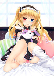  :t absurdres barefoot blonde_hair blue_eyes blush boku_wa_tomodachi_ga_sukunai dress female gothic_lolita hair_ornament hairband hasegawa_kobato hatachi heterochromia highres lolita_fashion lolita_hairband long_hair panties pantyshot pout puffy_cheeks red_eyes single_sock sitting skirt socks solo strap_slip striped_clothes striped_panties stuffed_animal stuffed_rabbit stuffed_toy two_side_up underwear 