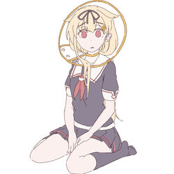  black_serafuku black_skirt black_socks blonde_hair collar colored_eyelashes commentary_request d: female full_body hair_between_eyes hair_flaps hair_ornament hair_ribbon hairclip hands_on_legs kantai_collection long_hair looking_at_viewer mikeco open_mouth pet_cone red_eyes ribbon scarf school_uniform serafuku sitting skirt socks solo wariza white_background white_scarf yuudachi_(kancolle) yuudachi_kai_ni_(kancolle) 