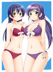  2girls bikini blue_hair commentary_request frilled_bikini frills green_eyes highres long_hair love_live! love_live!_school_idol_project midriff multiple_girls navel purple_bikini purple_hair red_bikini side-tie_bikini_bottom smile sonoda_umi standing swimsuit tojo_nozomi twintails utomo yellow_eyes 