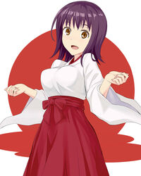  :d blunt_bangs breasts brown_eyes commentary_request cowboy_shot female hakama hakama_skirt highres itsuwa jack-barro japanese_clothes kimono large_breasts long_hair miko open_mouth purple_hair red_hakama skirt smile solo standing toaru_majutsu_no_index white_background white_kimono 