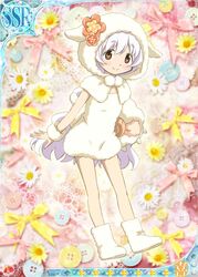  animal_ears animal_hood boots capelet dress fake_animal_ears female hood long_hair mahou_shoujo_madoka_magica mahou_shoujo_madoka_magica:_hangyaku_no_monogatari mahou_shoujo_madoka_magica_plus momoe_nagisa multicolored_eyes official_art pom_pom_(clothes) ringed_eyes sheep_hood smile solo stuffed_animal stuffed_sheep stuffed_toy trading_card white_hair 