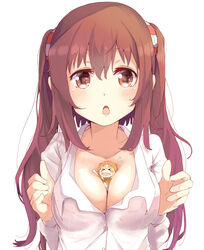  2girls between_breasts blush breasts brown_eyes brown_hair cleavage commentary_request doma_umaru ebina_nana hamster_costume hashibuto himouto!_umaru-chan komaru_(himouto!_umaru-chan) long_hair looking_at_viewer medium_breasts mini_person minigirl multiple_girls person_between_breasts shirt simple_background twintails white_background 