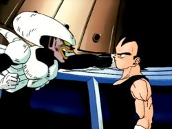  2boys 90s alien animated animated armor battle black_eyes black_hair boots dodging dragon_ball dragon_ball_z emblem fight gloves green_eyes horns kicking lips multiple_boys pui_pui punch punching vegeta 