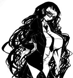  arms_behind_back bad_id bad_pixiv_id blush bondage bondage bound bound_wrists breasts buchou_(houkago_play) commentary_request enoki-kou female glasses greyscale head_tilt houkago_play houkago_play_3 huge_breasts long_hair messy_hair monochrome necktie photoshop_(medium) ribbon ribbon_bondage solo sweatdrop very_long_hair 