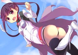  ass black_thighhighs cape commentary_request female hair_ribbon kokumu komadori_renge long_hair mask open_mouth purple_eyes purple_hair ribbon sekai_seifuku:_bouryaku_no_zvezda solo thighhighs twintails unworn_mask white_robin 