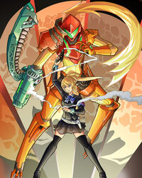  arm_cannon armband armor assault_visor black_thighhighs blonde_hair blue_eyes commentary deityofshadows english_commentary evoker female green_visor gun helmet holster joints long_hair metroid parody persona persona_(summon) persona_3 photoshop_(medium) ponytail robot_joints samus_aran school_uniform skirt smoke smoking_barrel solo thighhighs varia_suit weapon zettai_ryouiki 