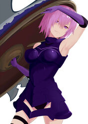  arm_up armored_leotard armpits commentary_request cowboy_shot elbow_gloves fate/grand_order fate_(series) female gloves hair_between_eyes holding holding_shield jack-barro leotard looking_at_viewer lord_camelot_(fate) mash_kyrielight pink_hair purple_eyes purple_gloves purple_leotard shield short_hair smile solo standing thigh_strap white_background 