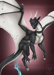  2018 3_toes 4_toes ambiguous_gender black_body black_scales black_skin blue_eyes caelthar claws collar curved_horn digital_media_(artwork) dragon english_text european_mythology feet feral fire flying front_view hi_res horn looking_at_viewer markings membrane_(anatomy) membranous_wings minerea mythological_creature mythological_scalie mythology naughty_face notched_wings pinup pose purple_background quadruped scales scalie signature simple_background smile smooth_horn solo spread_wings tail text toe_claws toes watermark western_dragon white_body white_horn white_scales white_skin wings 