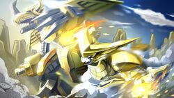  arm_cannon armor blue_eyes brown_eyes claws cloud commentary_request digimon digimon_(creature) digimon_xros_wars dk_(13855103534) fireball highres horns monster motion_blur mountain no_humans omegashoutmon open_mouth sharp_teeth sky spikes teeth weapon wings zekegreymon 