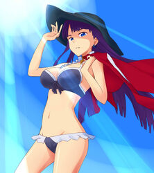  bikini black_bikini black_hat blue_eyes blue_sky breasts cleavage collarbone commentary_request cowboy_shot day earrings fate/grand_order fate_(series) female floating_hair groin hat holding holding_clothes holding_jacket jack-barro jacket jewelry large_breasts long_hair martha_(fate) martha_(swimsuit_ruler)_(fate) martha_(swimsuit_ruler)_(second_ascension)_(fate) navel necklace parted_lips purple_hair sideboob sky solo standing sun sun_hat sunlight swimsuit unworn_jacket very_long_hair 