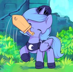  2015 2_frame_animation aged_down alicorn animated armor blue_body blue_feathers blue_hair closed_eyes cool_colors cutie_mark ende equid equine feathered_wings feathers female feral friendship_is_magic hair hasbro headgear helmet horn lolicon mammal melee_weapon mouth_hold my_little_pony mythological_creature mythological_equine mythology outside princess_luna_(mlp) short_playtime solo sword weapon wings young young_female young_feral 